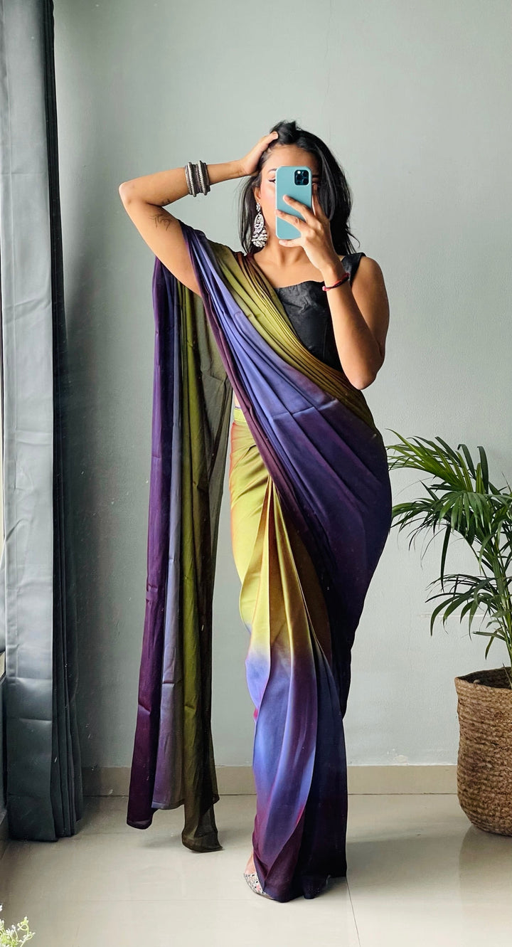 Purple And Mehendi Color Nylone Saree With Beautiful Blouse