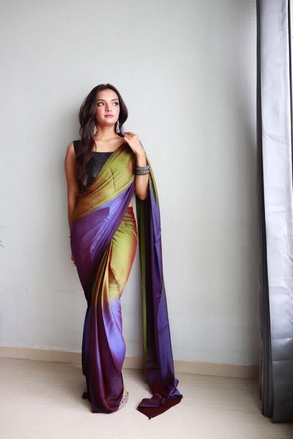 Purple And Mehendi Color Nylone Saree With Beautiful Blouse