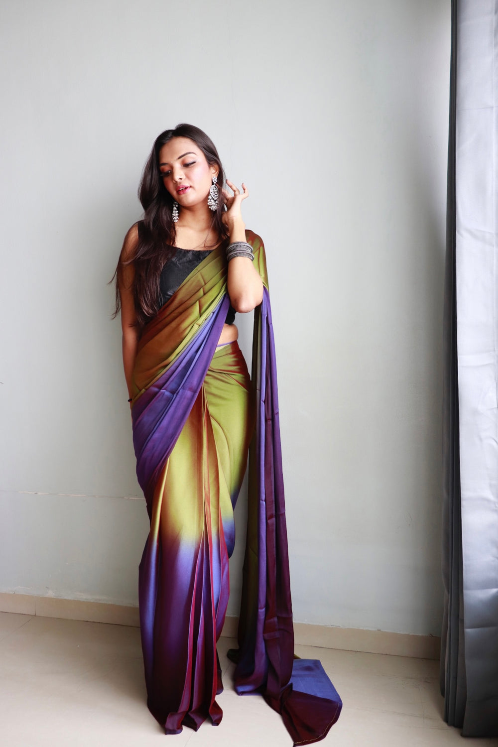 Purple And Mehendi Color Nylone Saree With Beautiful Blouse