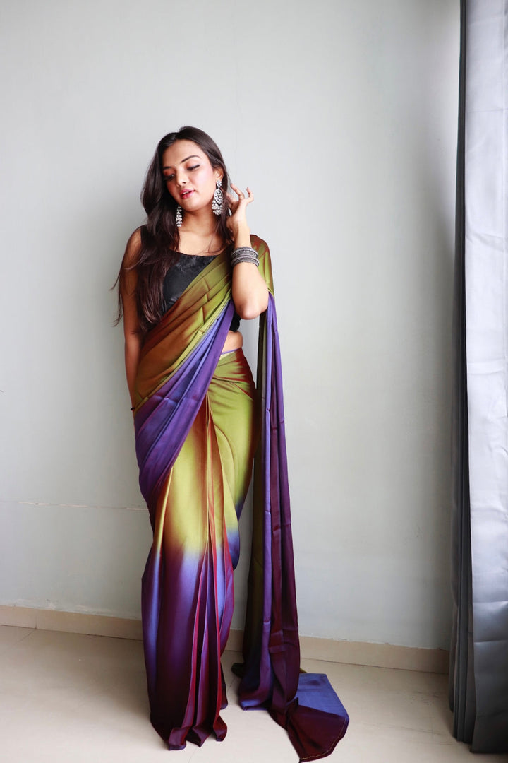 Purple And Mehendi Color Nylone Saree With Beautiful Blouse