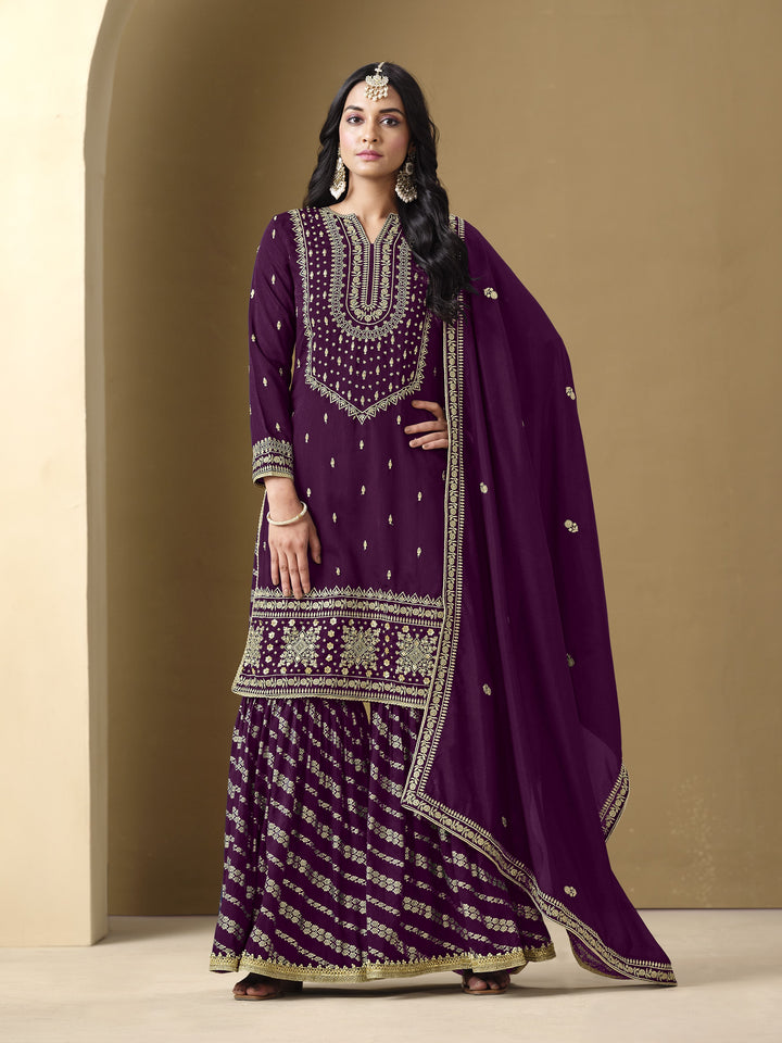 Purple Color Art Silk With Embroidery And Sequins Work Top And Plazzo
