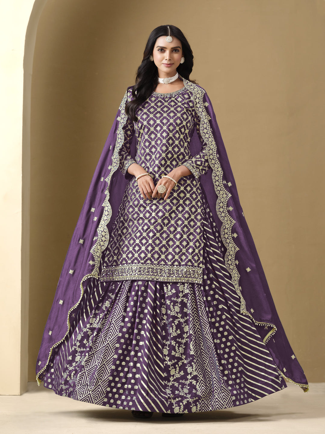 Purple Color Art Silk With Embroidery And Sequins Work Top And Lehenga