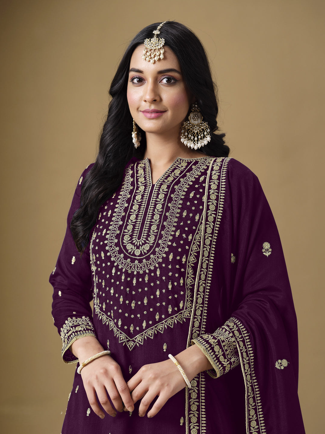 Purple Color Art Silk With Embroidery And Sequins Work Top And Plazzo