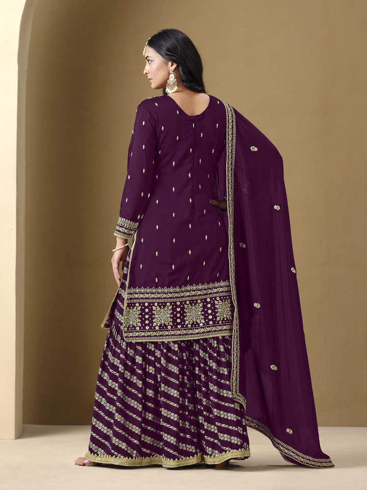 Purple Color Art Silk With Embroidery And Sequins Work Top And Plazzo