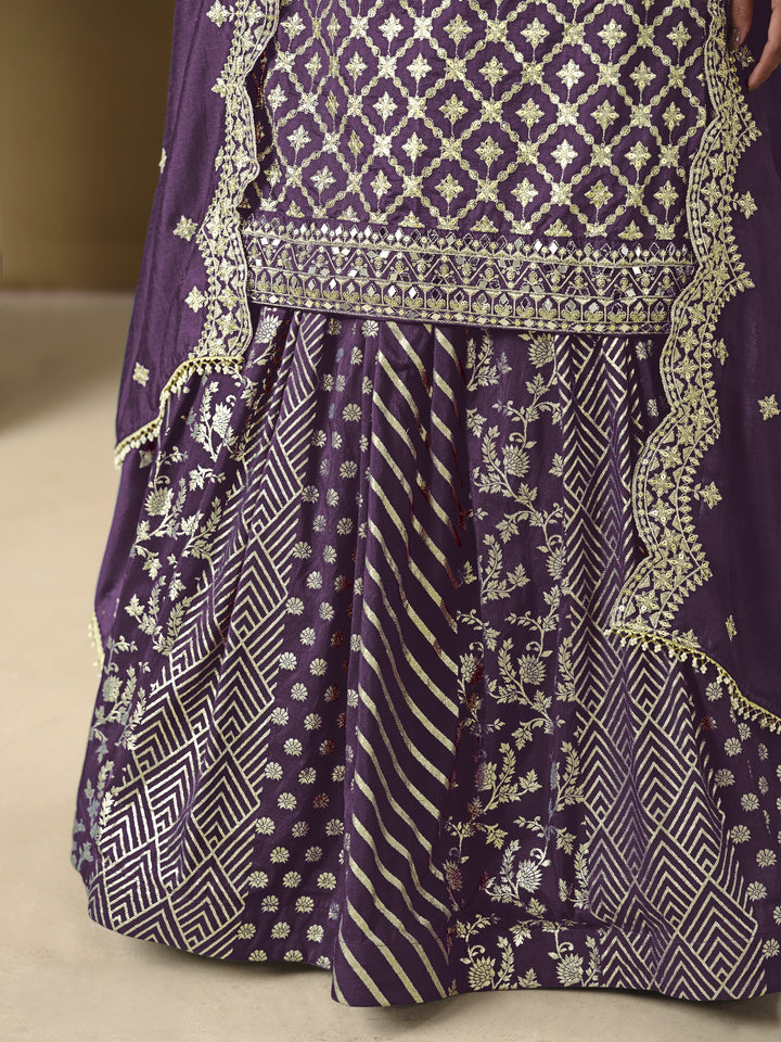 Purple Color Art Silk With Embroidery And Sequins Work Top And Lehenga