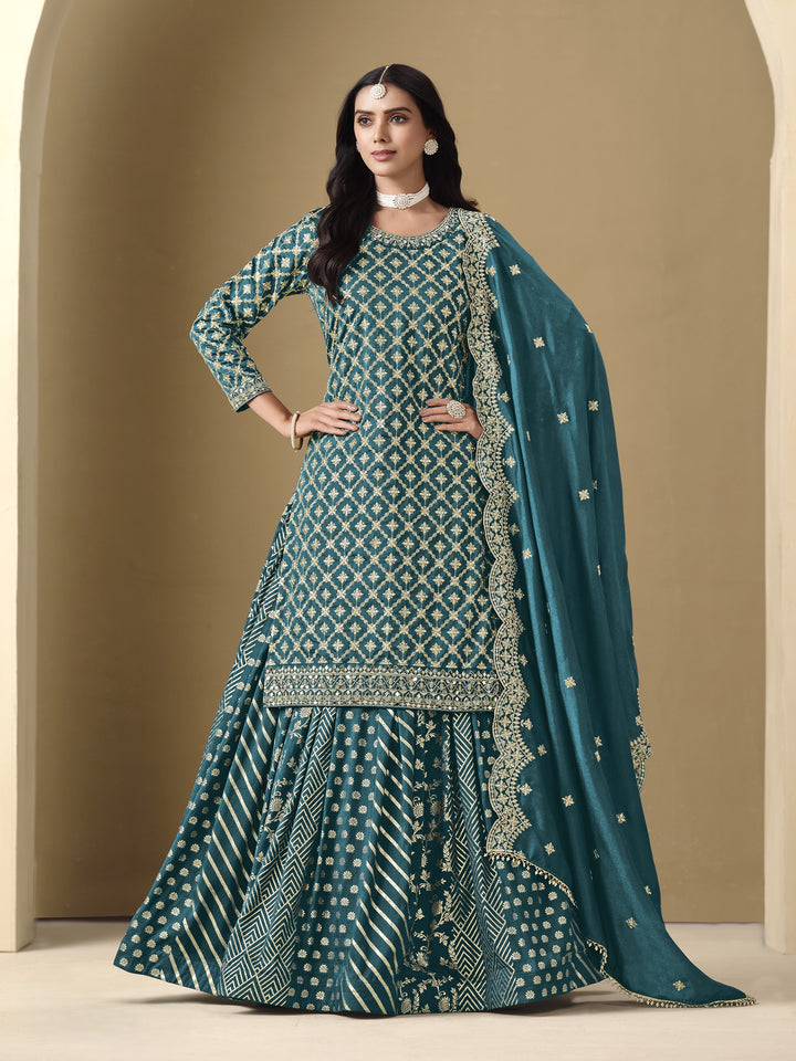 Sea Green Color Art Silk With Embroidery And Sequins Work Top And Lehenga