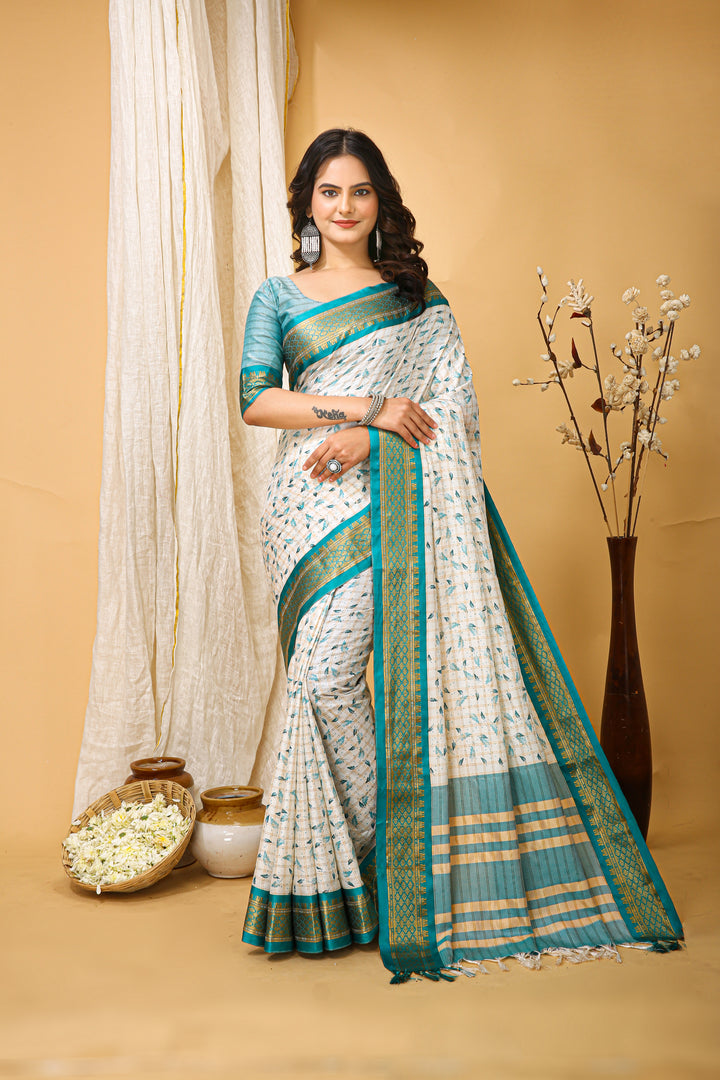 Sea Green Color soft cotton Silk With Pure Zari Work With Beautiful Print On Saree