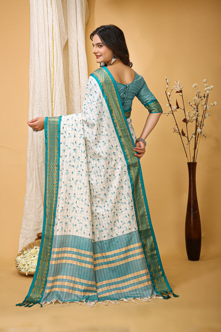 Sea Green Color soft cotton Silk With Pure Zari Work With Beautiful Print On Saree