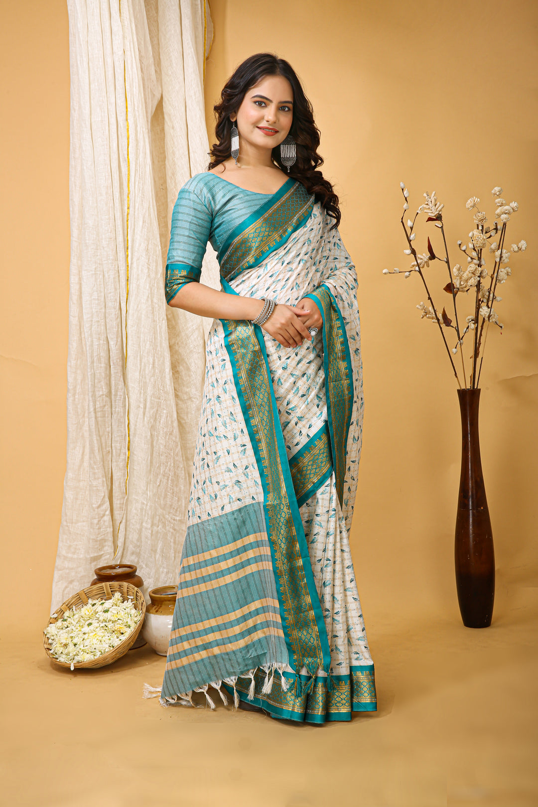 Sea Green Color soft cotton Silk With Pure Zari Work With Beautiful Print On Saree