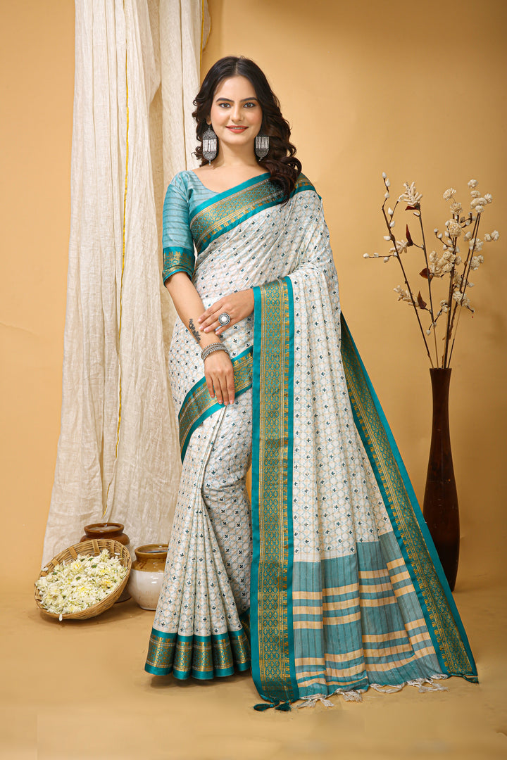 Sea Green Colour Soft Cotton Silk Pure Zari Work With Beautiful Print On Saree