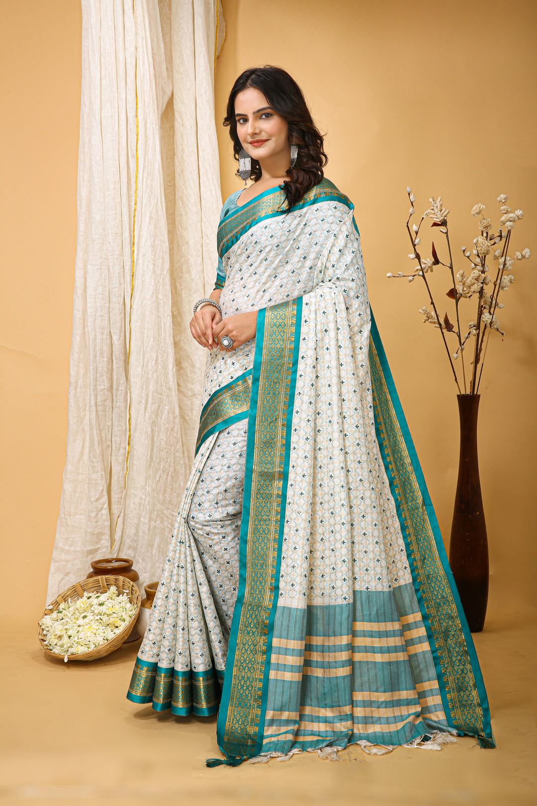 Sea Green Colour Soft Cotton Silk Pure Zari Work With Beautiful Print On Saree