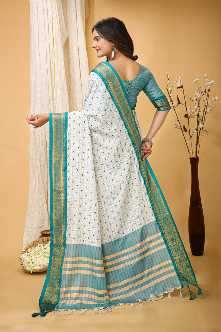 Sea Green Colour Soft Cotton Silk Pure Zari Work With Beautiful Print On Saree