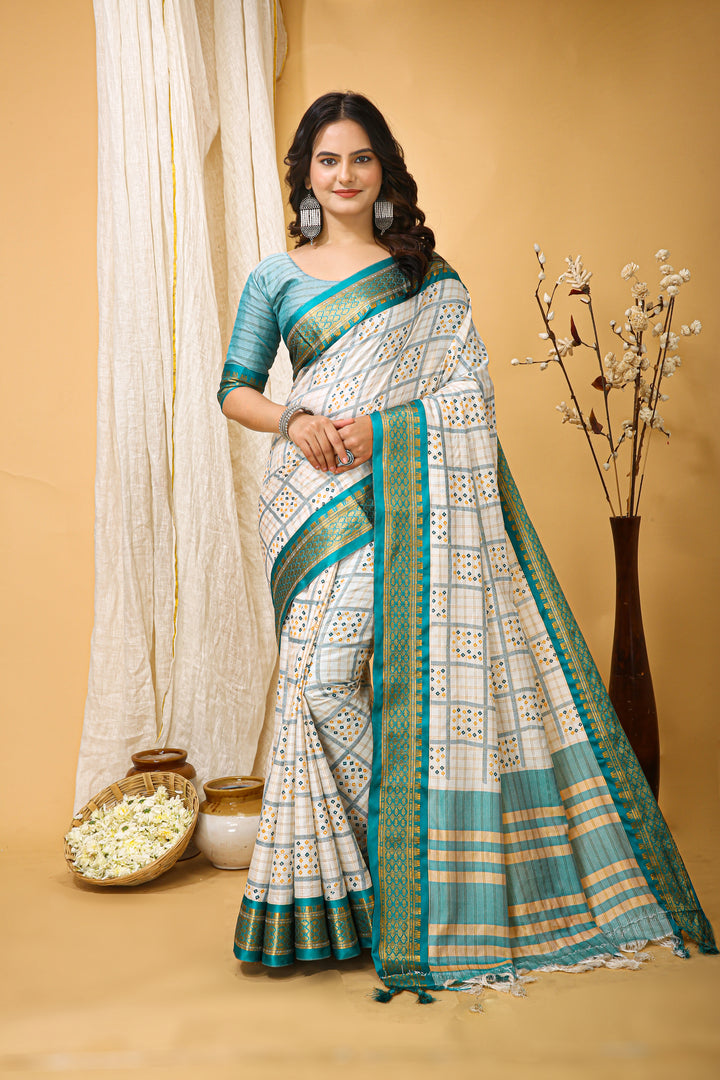 Sea Green Colour Soft Cotton Silk Pure Zari Work With Beautiful Print On Saree