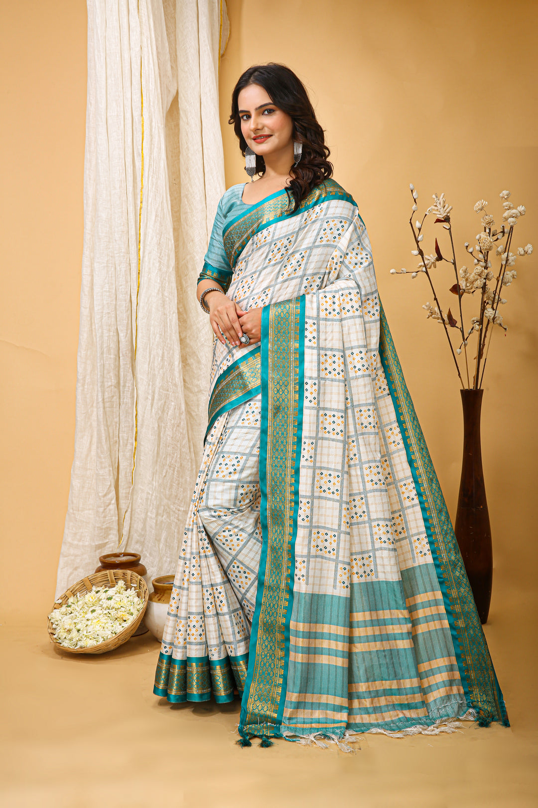Sea Green Colour Soft Cotton Silk Pure Zari Work With Beautiful Print On Saree