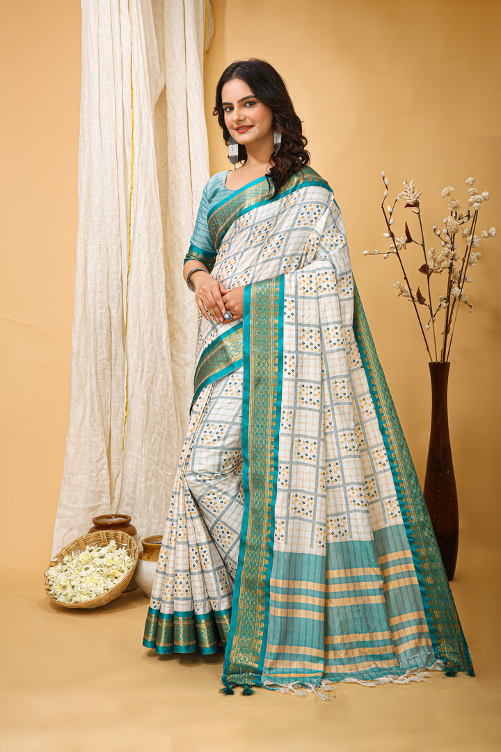 Sea Green Colour Soft Cotton Silk Pure Zari Work With Beautiful Print On Saree