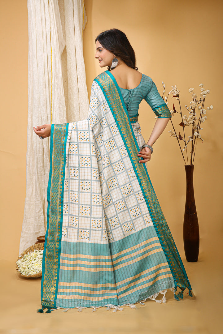 Sea Green Colour Soft Cotton Silk Pure Zari Work With Beautiful Print On Saree