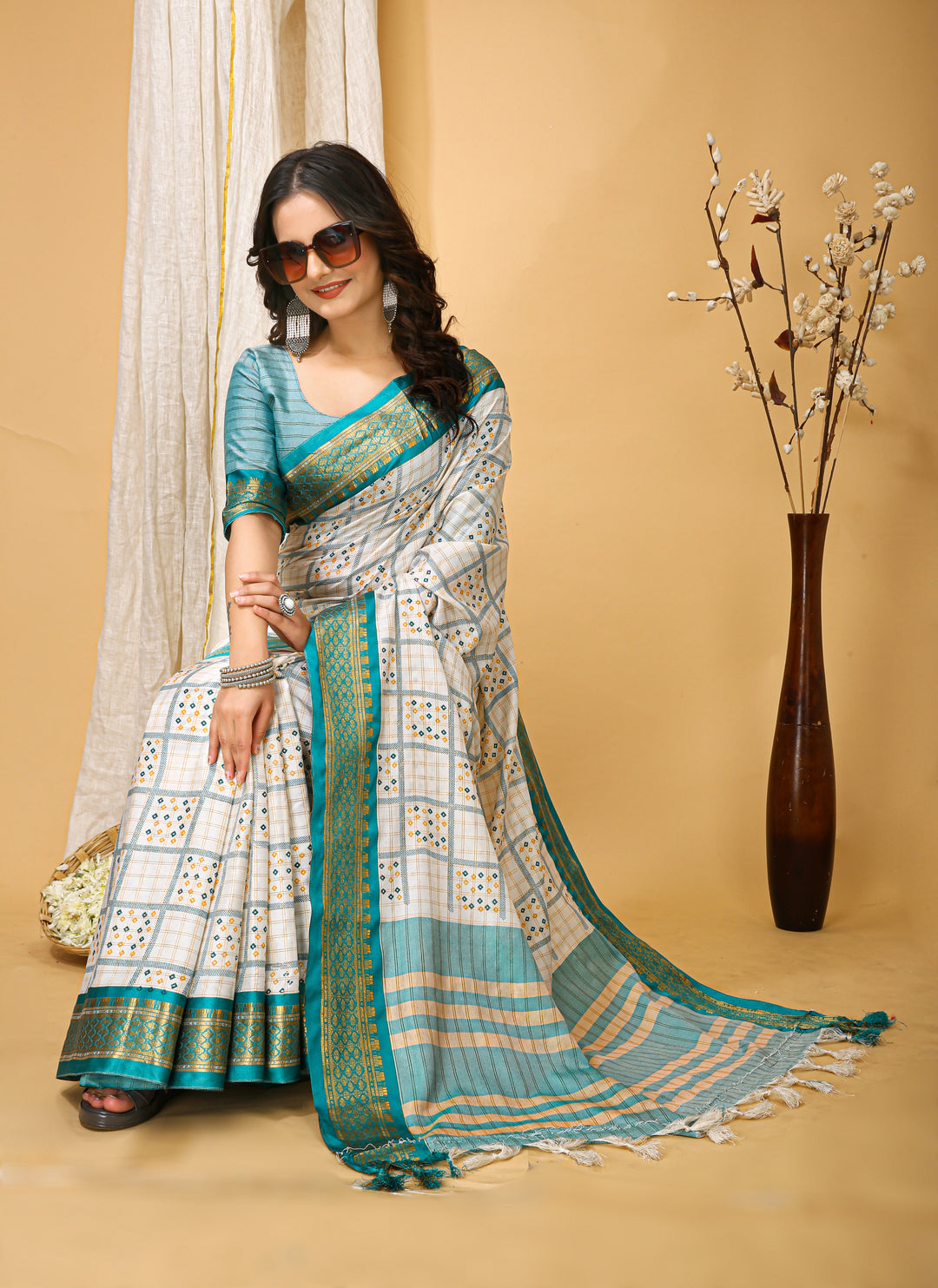 Sea Green Colour Soft Cotton Silk Pure Zari Work With Beautiful Print On Saree