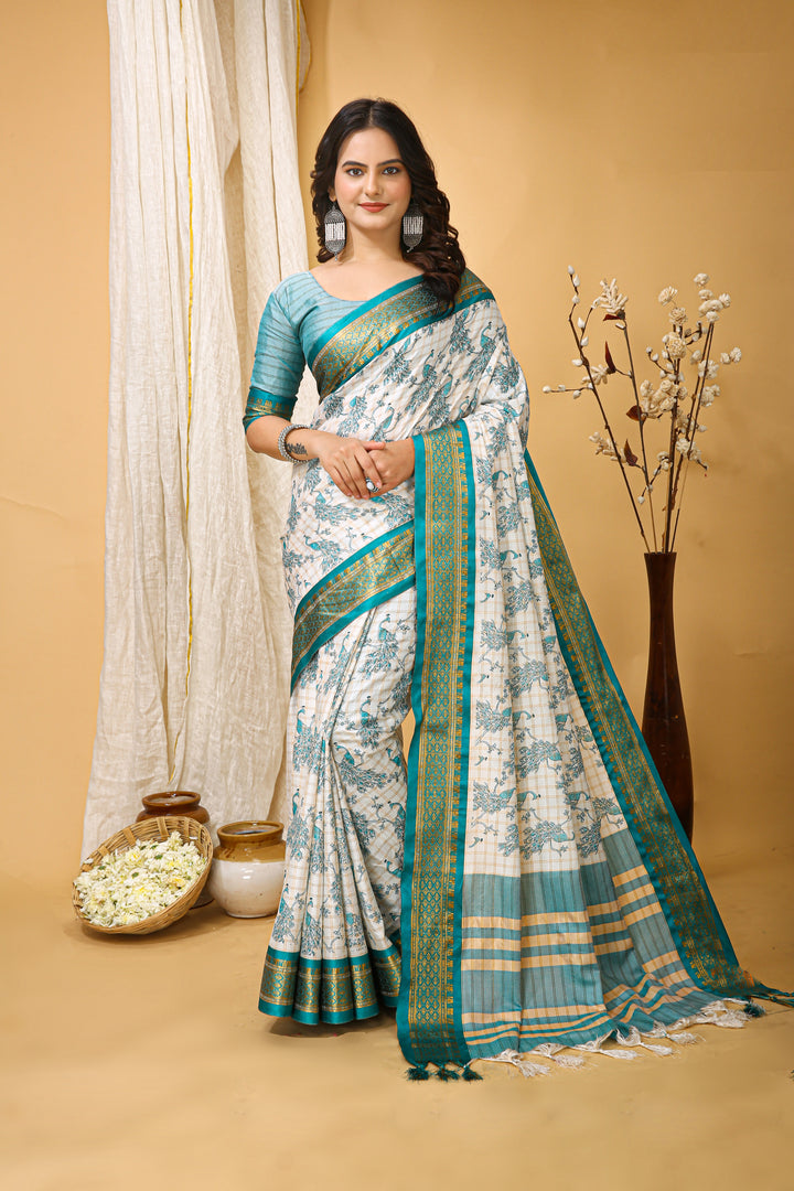 Sea Green Color soft cotton Silk With Pure Zari Work With Beautiful Print On Saree