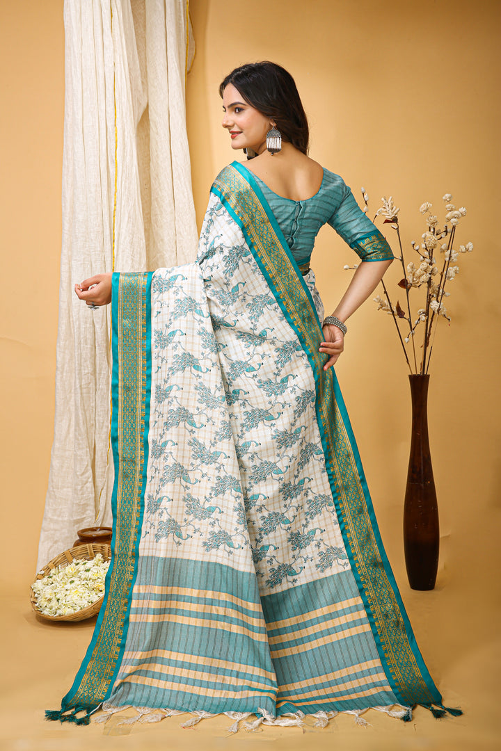 Sea Green Color soft cotton Silk With Pure Zari Work With Beautiful Print On Saree