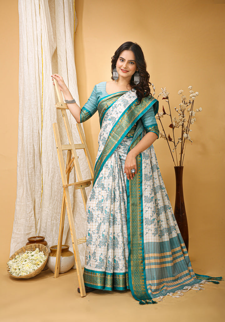 Sea Green Color soft cotton Silk With Pure Zari Work With Beautiful Print On Saree