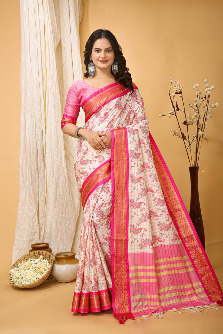 Pink Color soft cotton Silk With Pure Zari Work With Beautiful Print On Saree