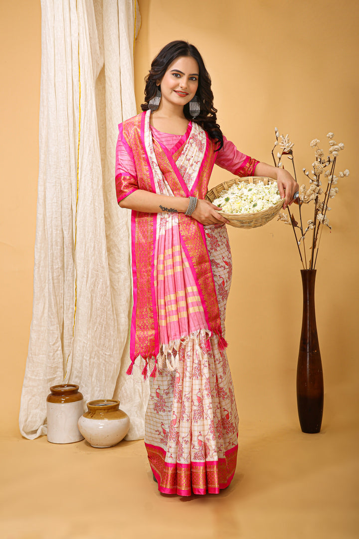 Pink Color soft cotton Silk With Pure Zari Work With Beautiful Print On Saree
