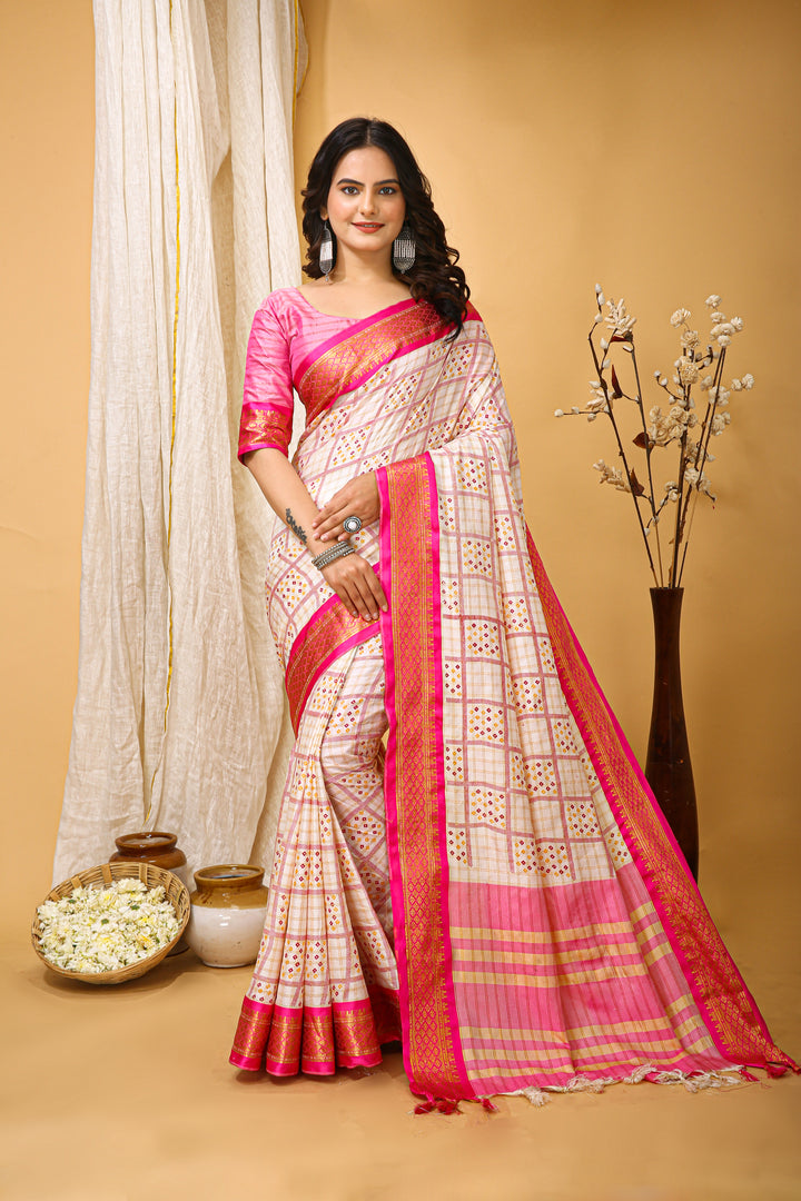 Pink Colour Soft Cotton Silk Pure Zari Work With Beautiful Print On Saree