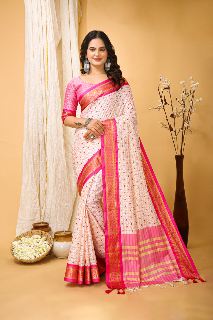 Pink Colour Soft Cotton Silk Pure Zari Work With Beautiful Print On Saree