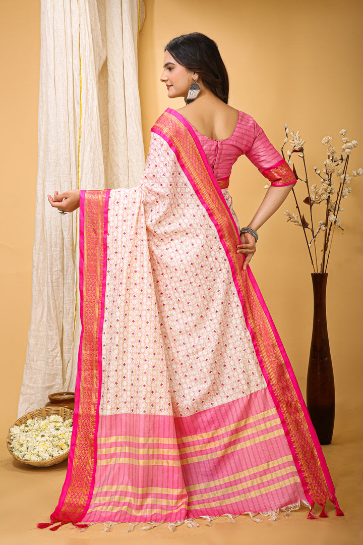 Pink Colour Soft Cotton Silk Pure Zari Work With Beautiful Print On Saree