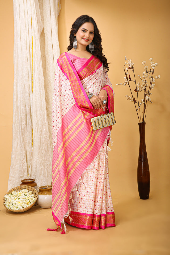 Pink Colour Soft Cotton Silk Pure Zari Work With Beautiful Print On Saree