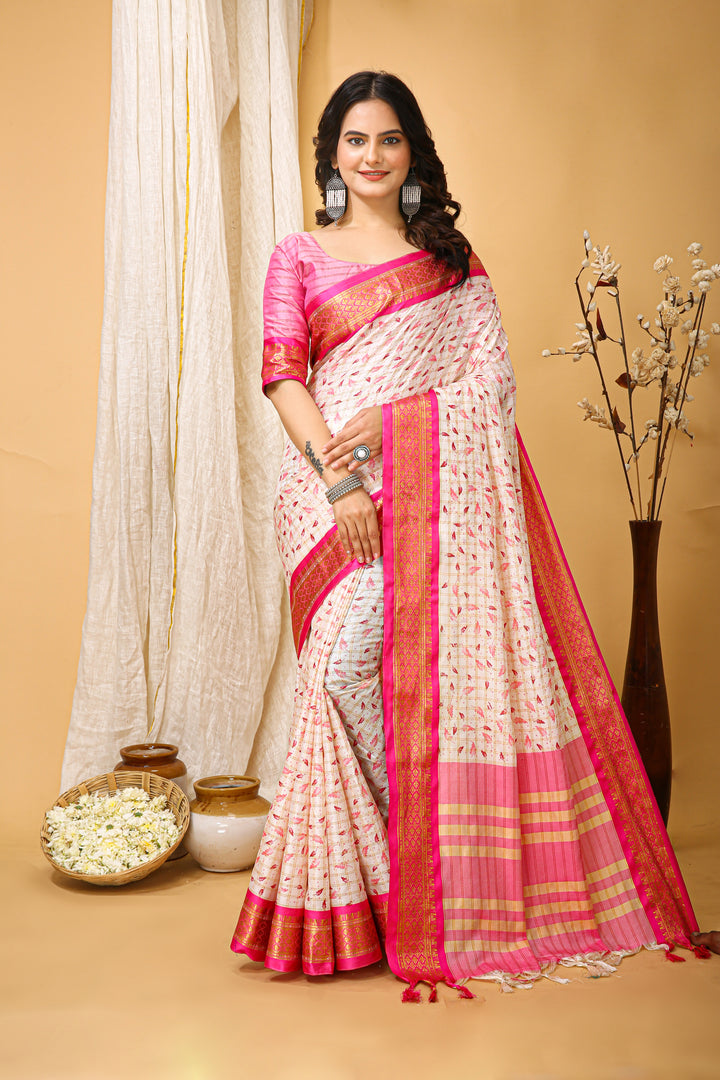 Pink Color soft cotton Silk With Pure Zari Work With Beautiful Print On Saree