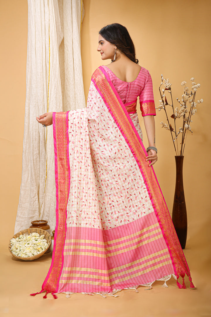 Pink Color soft cotton Silk With Pure Zari Work With Beautiful Print On Saree