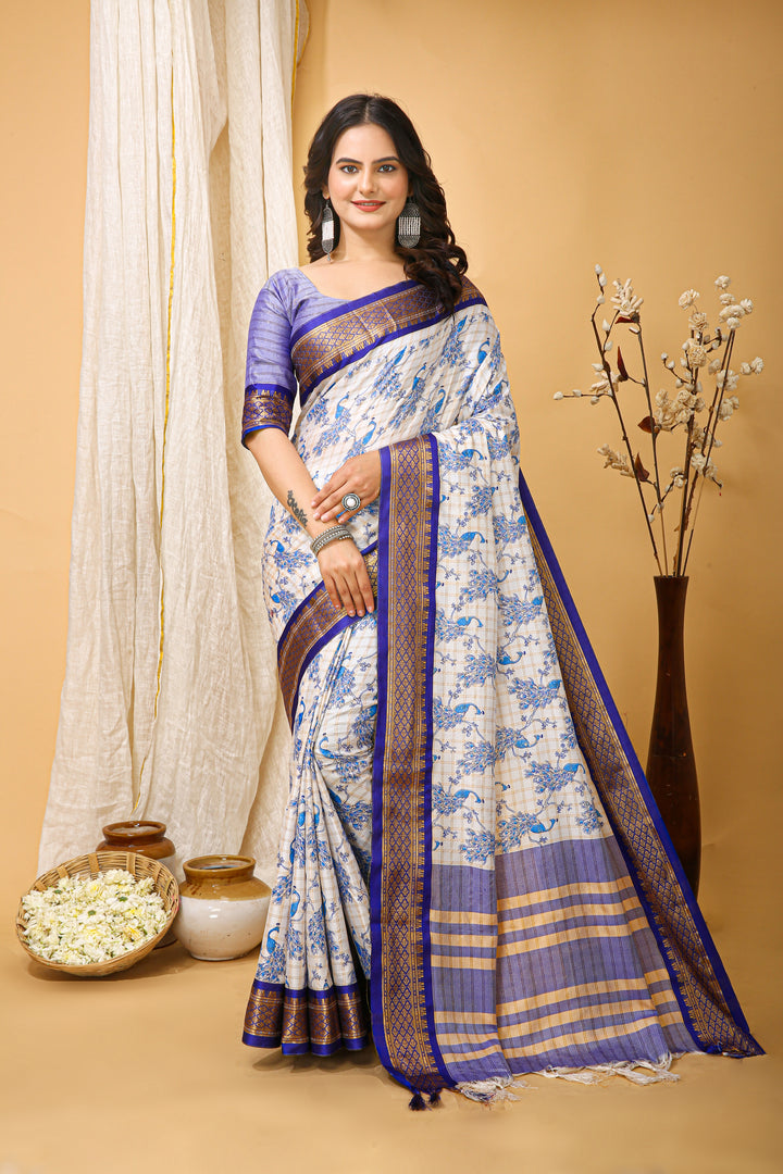 Blue Color soft cotton Silk With Pure Zari Work With Beautiful Print On Saree