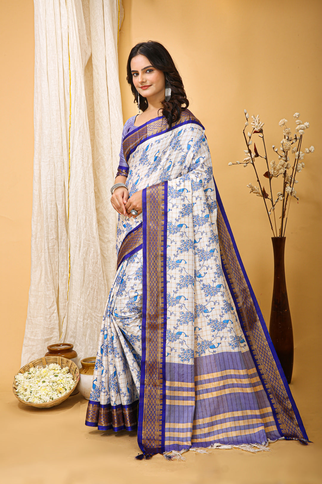 Blue Color soft cotton Silk With Pure Zari Work With Beautiful Print On Saree