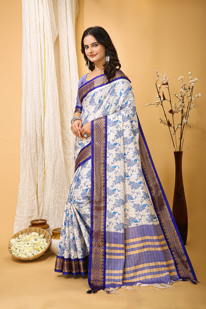 Blue Color soft cotton Silk With Pure Zari Work With Beautiful Print On Saree