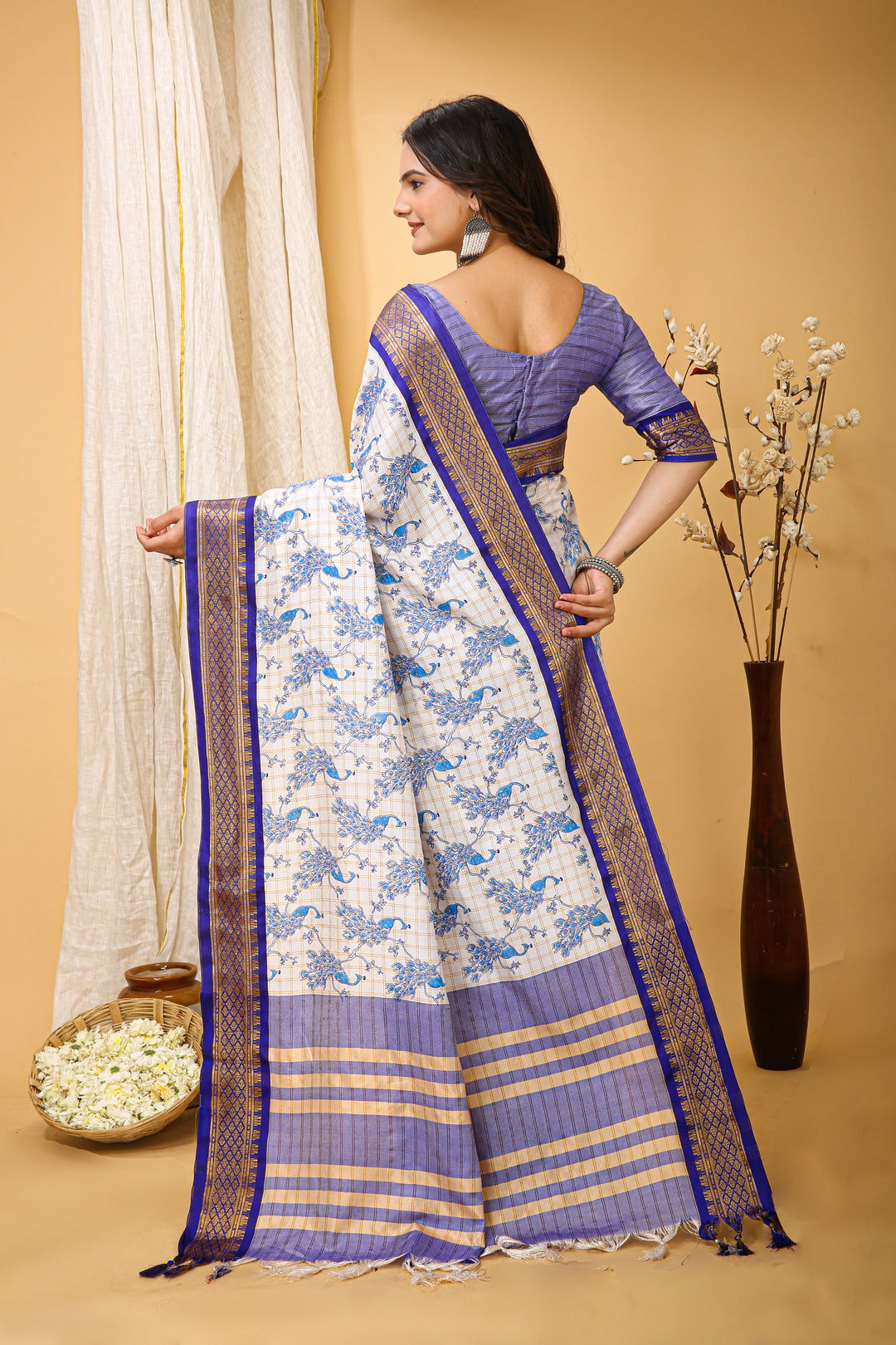 Blue Color soft cotton Silk With Pure Zari Work With Beautiful Print On Saree