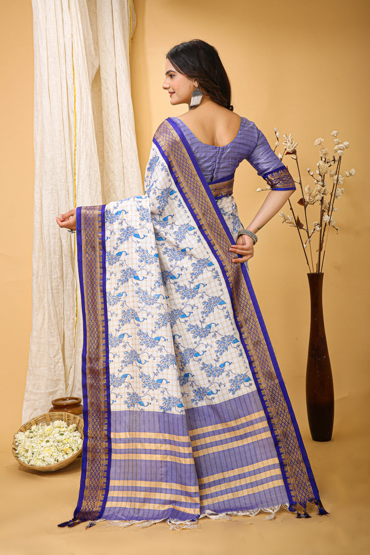 Blue Color soft cotton Silk With Pure Zari Work With Beautiful Print On Saree