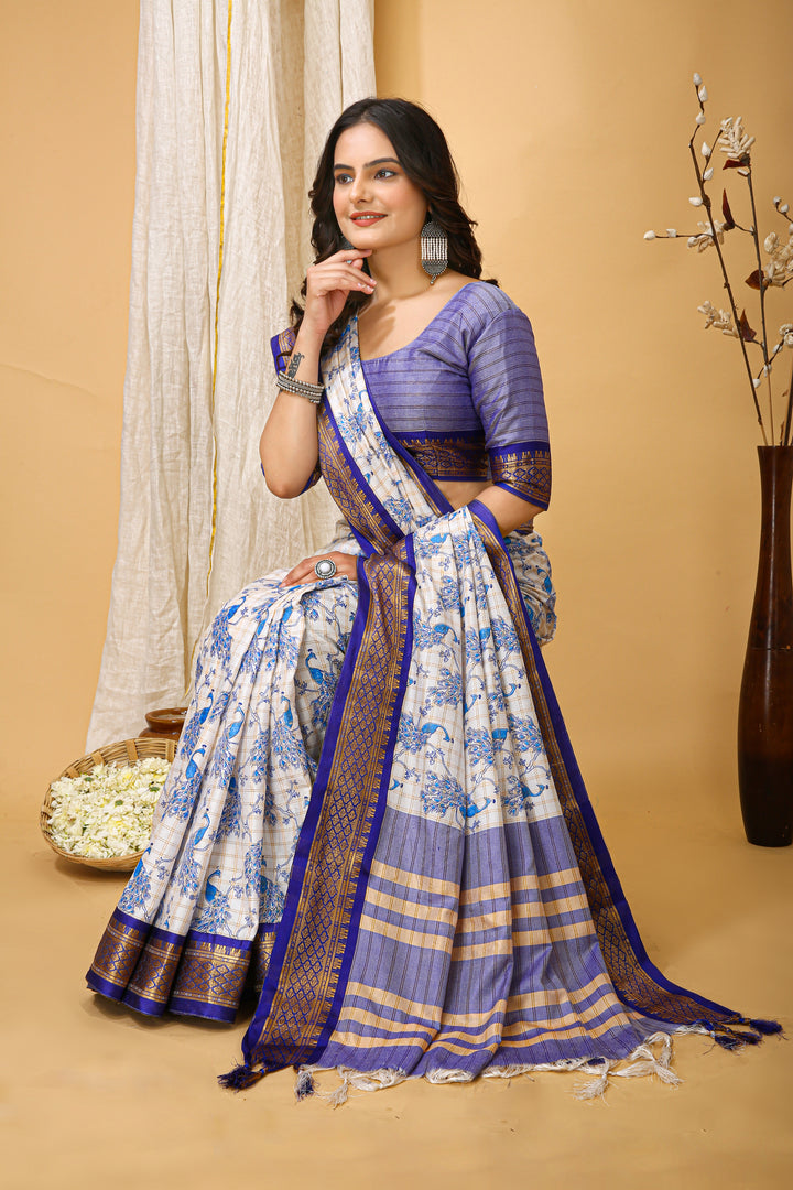 Blue Color soft cotton Silk With Pure Zari Work With Beautiful Print On Saree