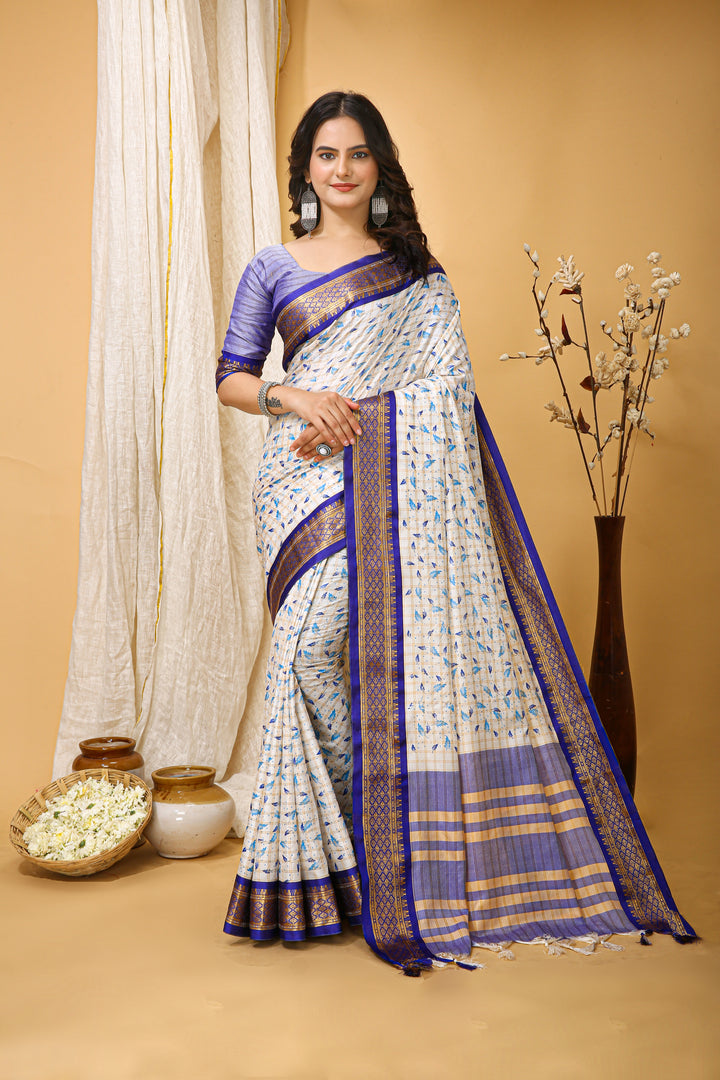Blue Color soft cotton Silk With Pure Zari Work With Beautiful Print On Saree