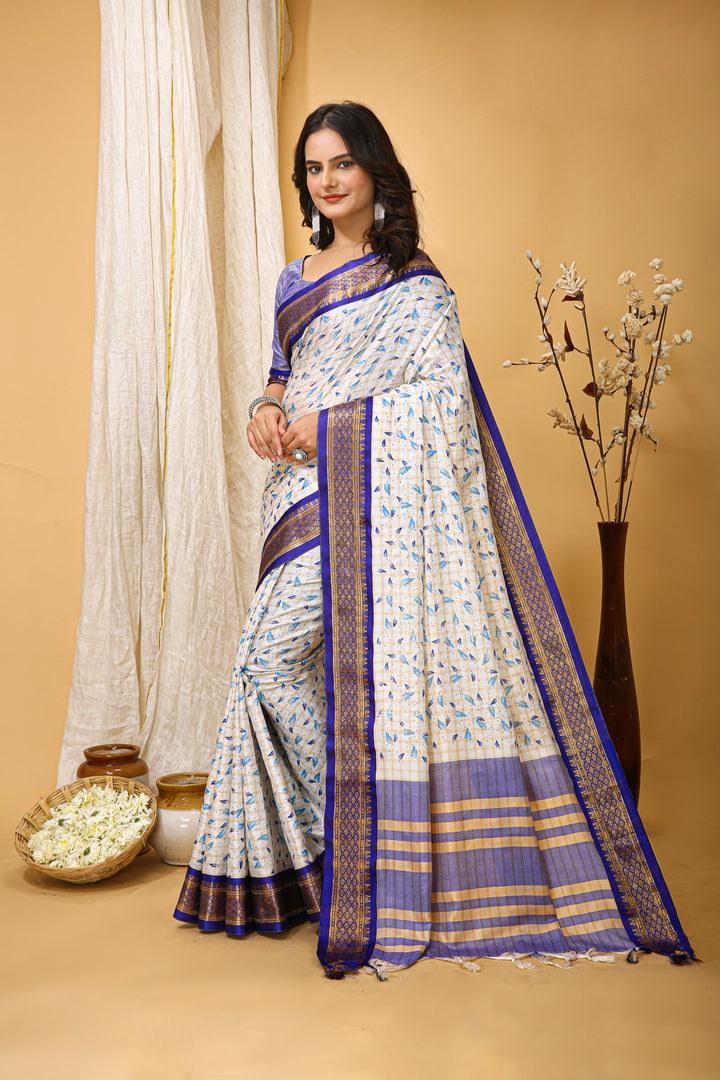 Blue Color soft cotton Silk With Pure Zari Work With Beautiful Print On Saree