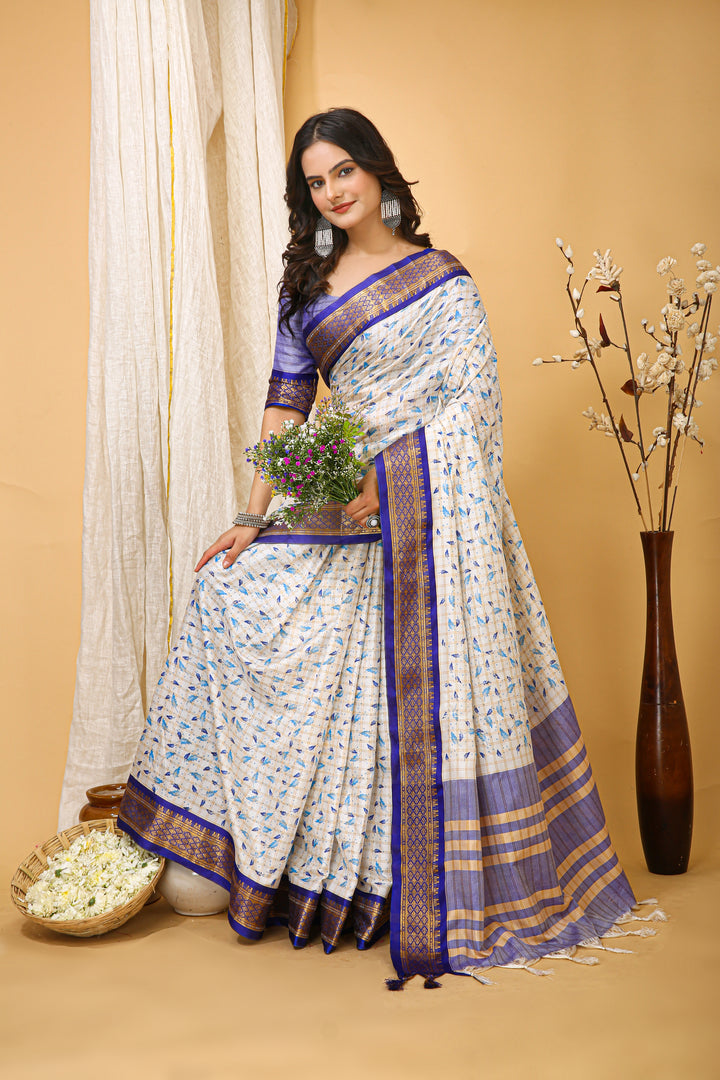 Blue Color soft cotton Silk With Pure Zari Work With Beautiful Print On Saree