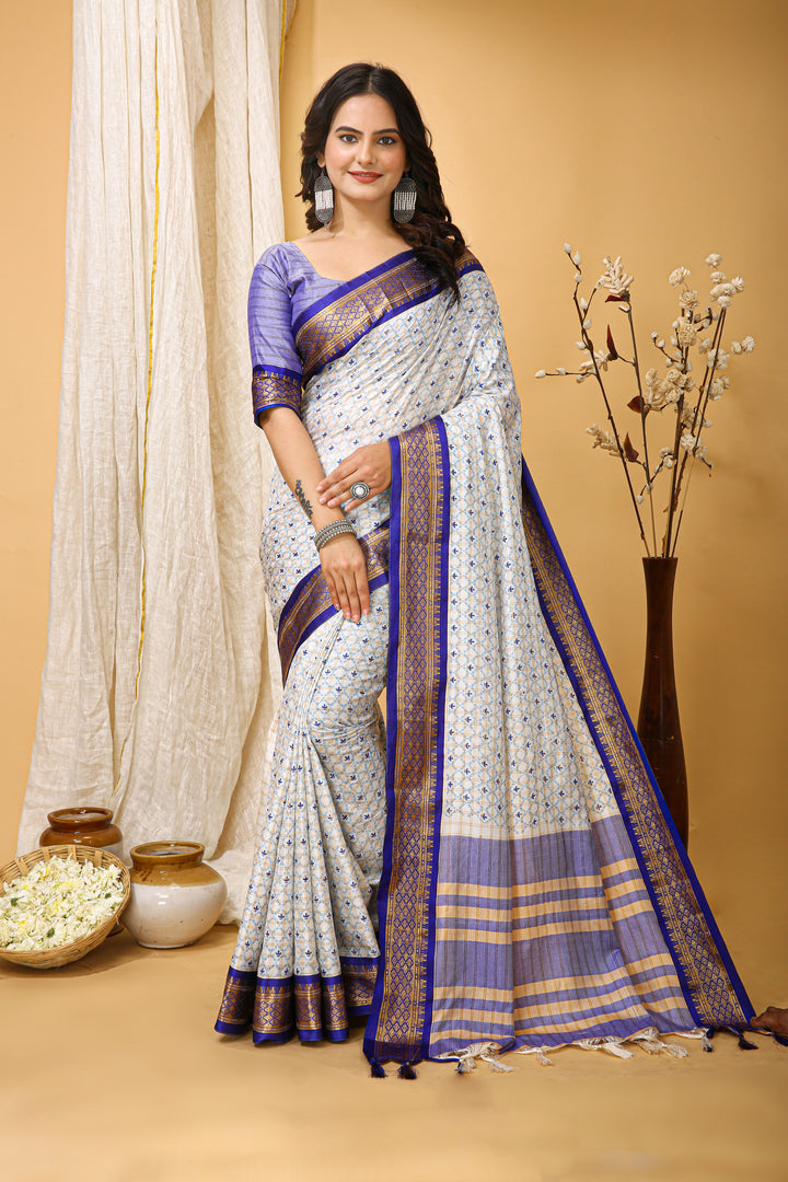 Blue Colour Soft Cotton Silk Pure Zari Work With Beautiful Print On Saree