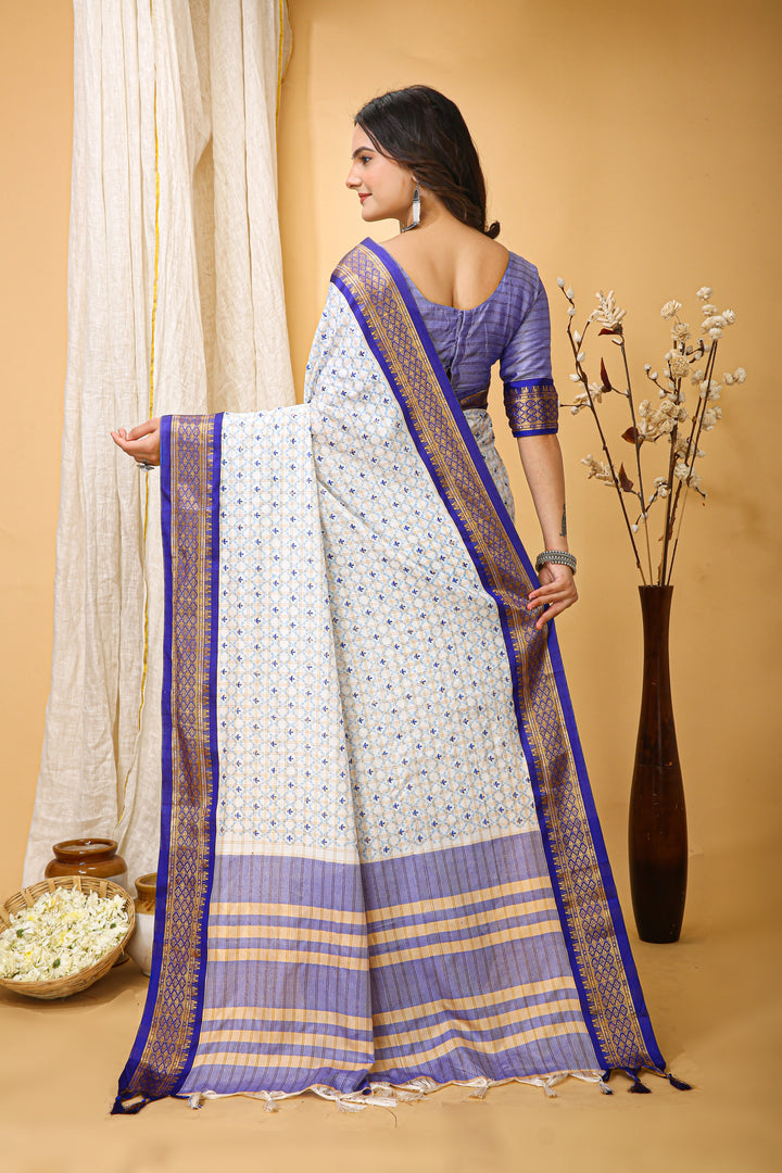 Blue Colour Soft Cotton Silk Pure Zari Work With Beautiful Print On Saree