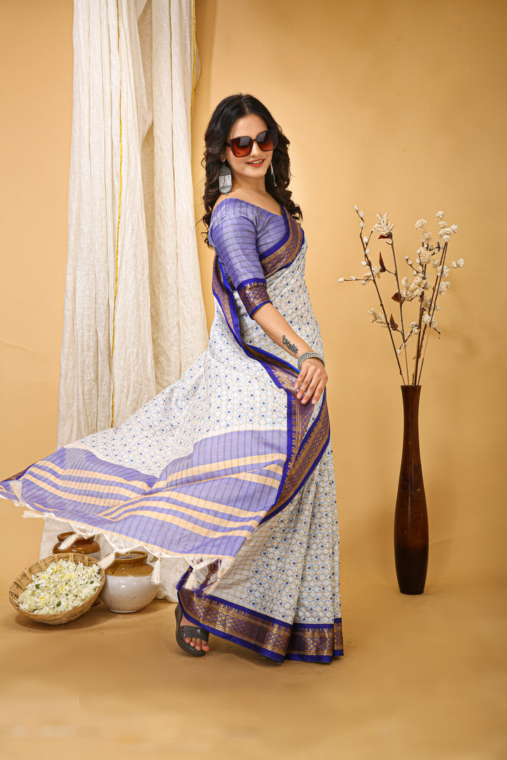 Blue Colour Soft Cotton Silk Pure Zari Work With Beautiful Print On Saree