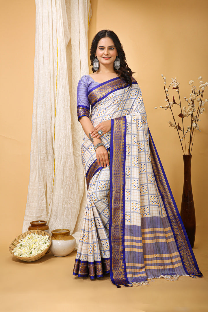 Blue Colour Soft Cotton Silk Pure Zari Work With Beautiful Print On Saree