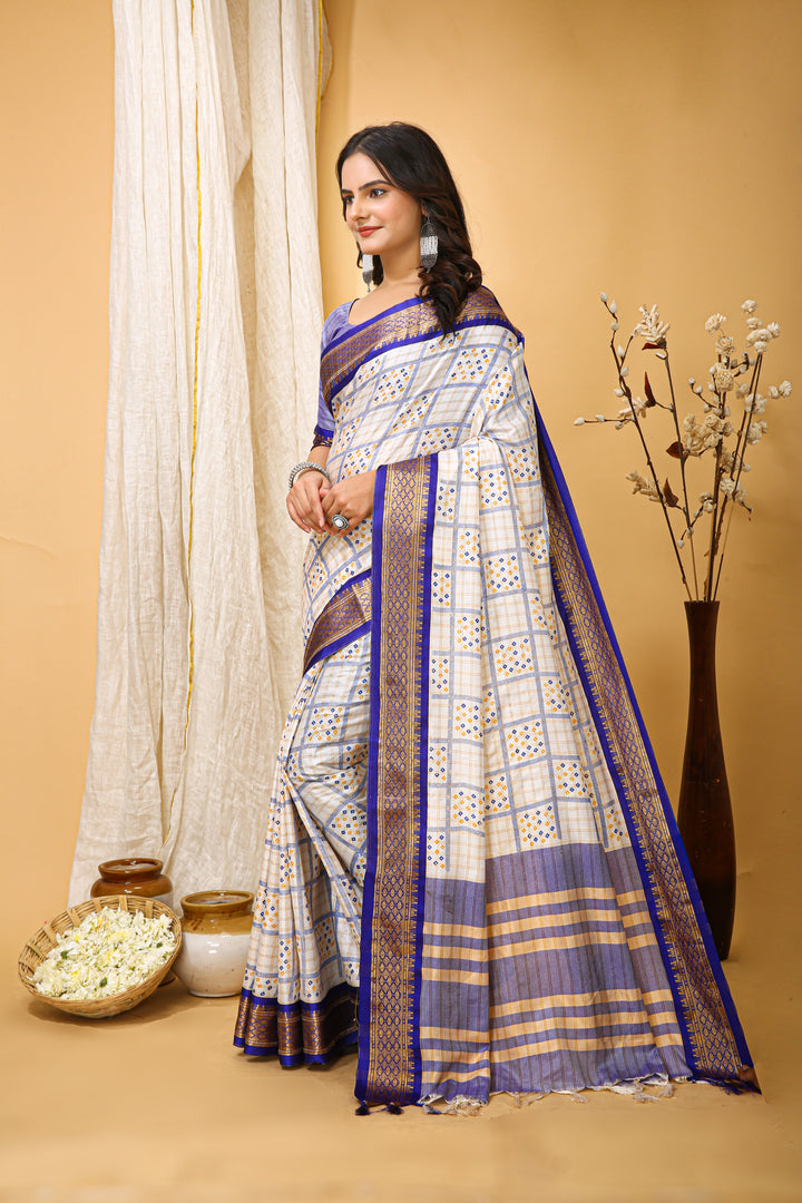 Blue Colour Soft Cotton Silk Pure Zari Work With Beautiful Print On Saree
