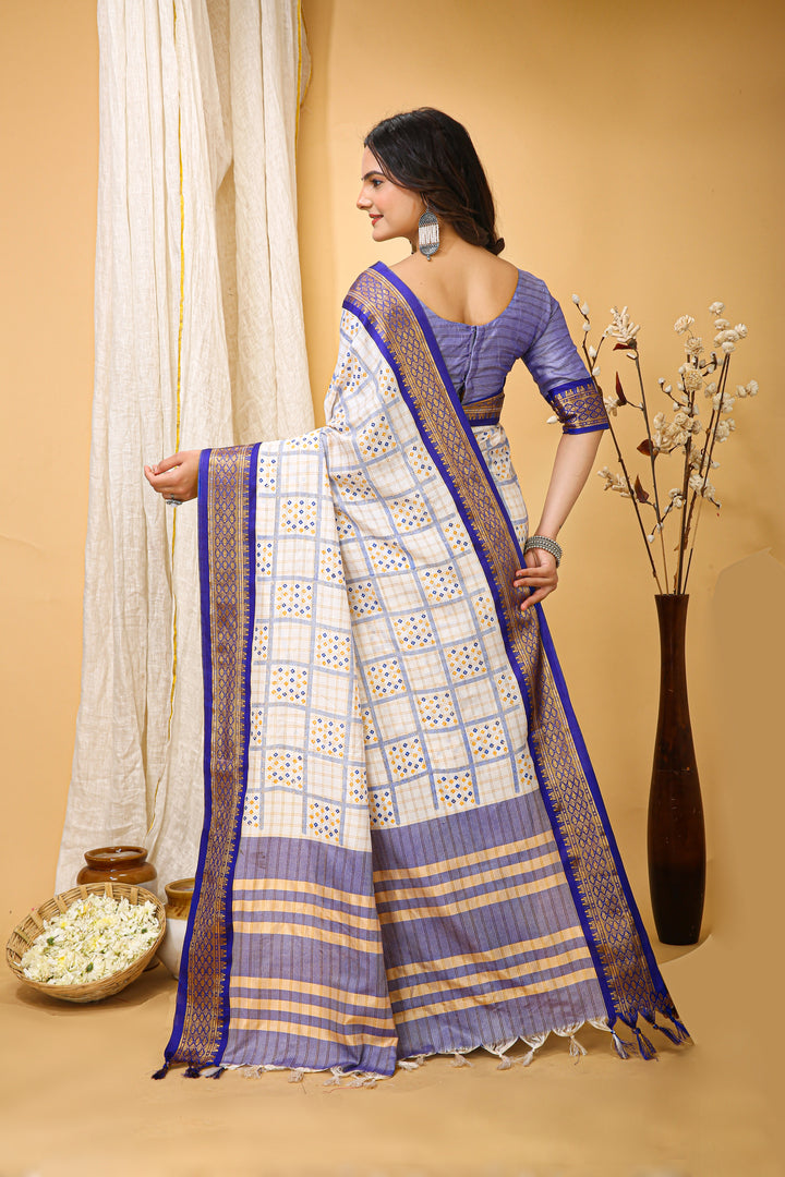 Blue Colour Soft Cotton Silk Pure Zari Work With Beautiful Print On Saree