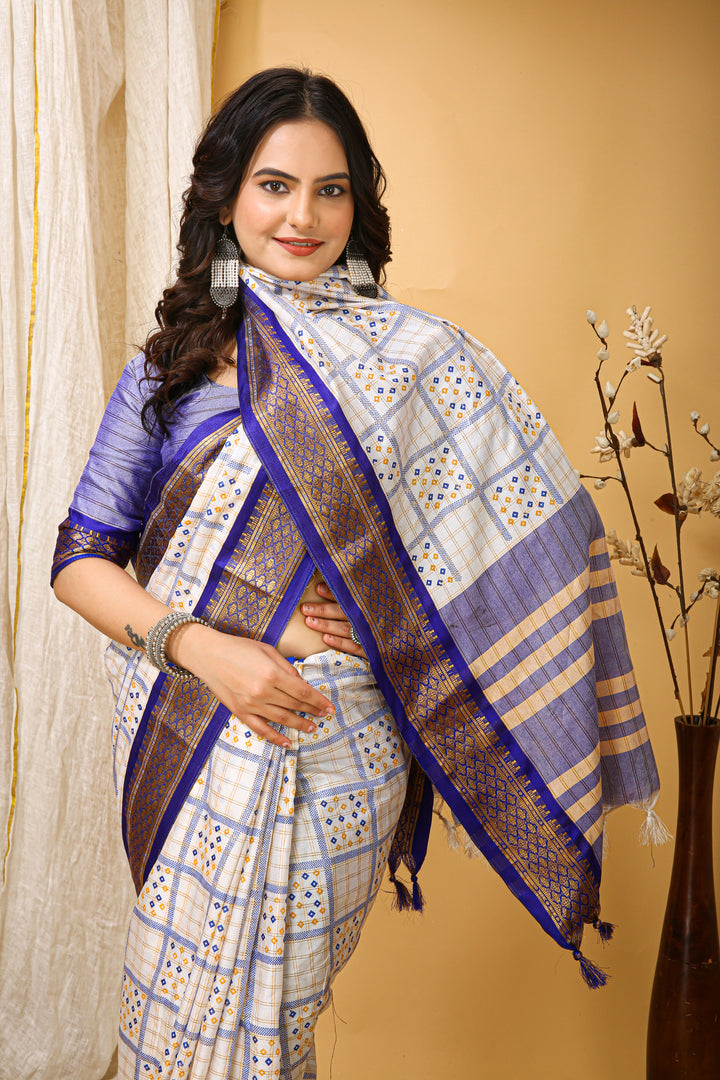 Blue Colour Soft Cotton Silk Pure Zari Work With Beautiful Print On Saree