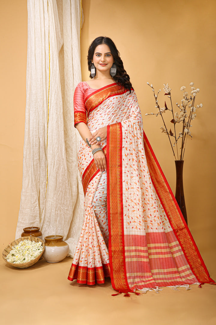 Red Color soft cotton Silk With Pure Zari Work With Beautiful Print On Saree