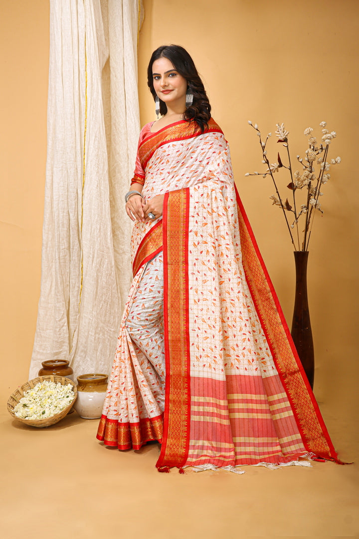 Red Color soft cotton Silk With Pure Zari Work With Beautiful Print On Saree